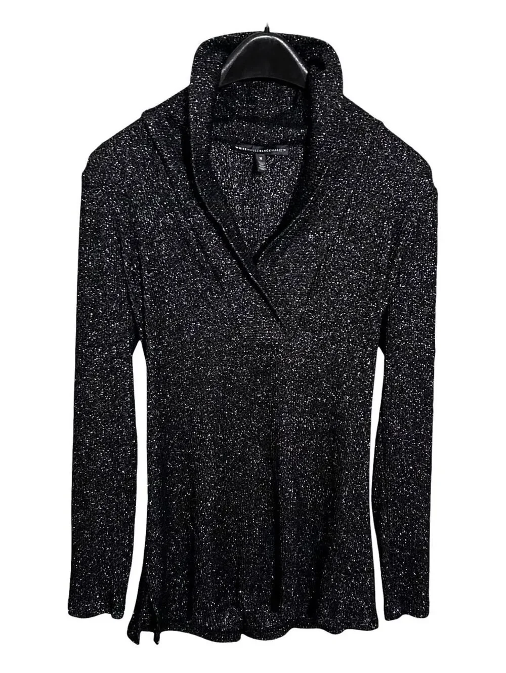 WHITE HOUSE BLACK MARKET Womens M Black Glitter Faux Wrap Cowl Neck Slit Sweater